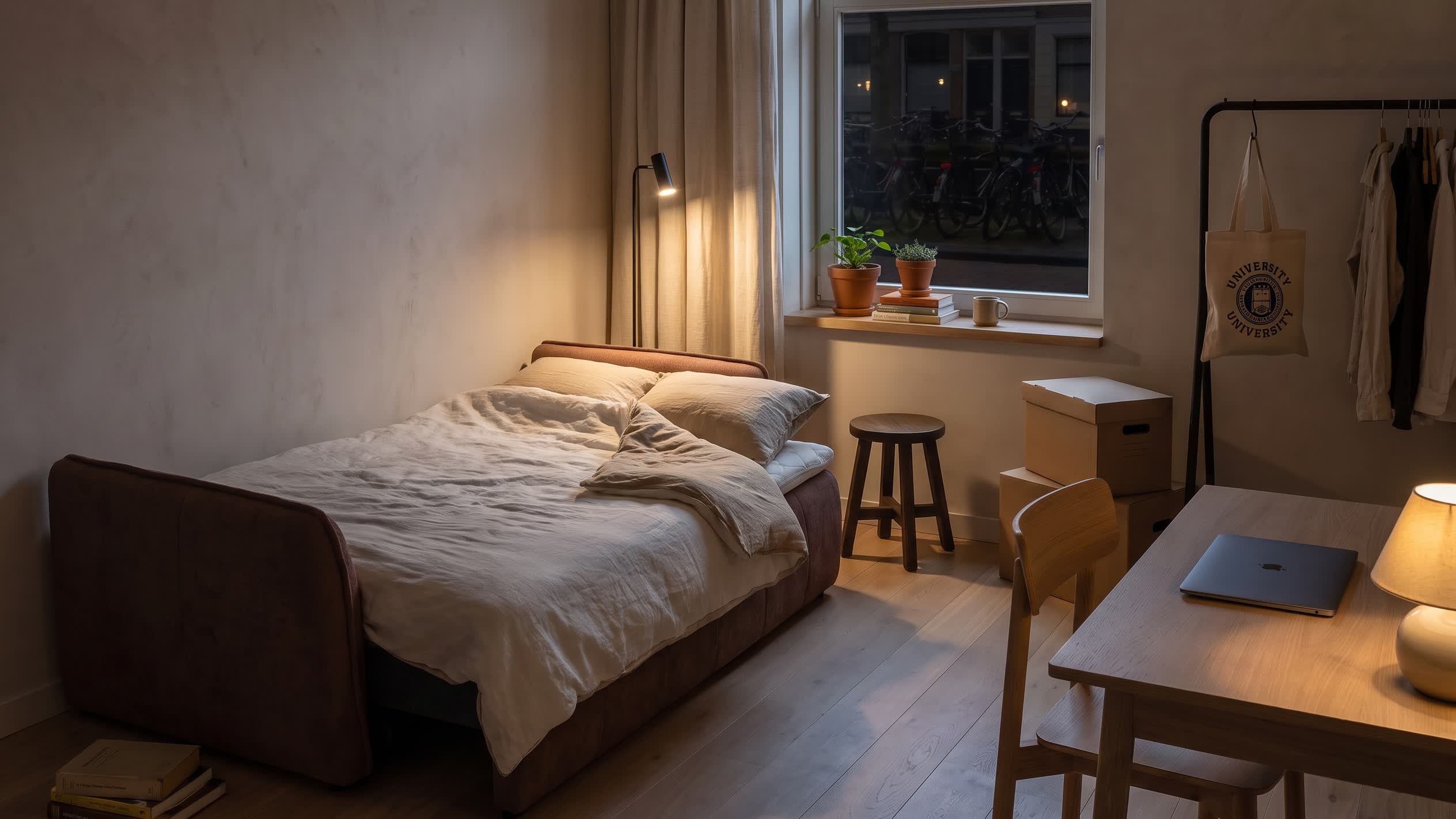 Dezelfde kamer 's avonds bij lamplicht, met de Skadi uitgeklapt als opgemaakt bed.